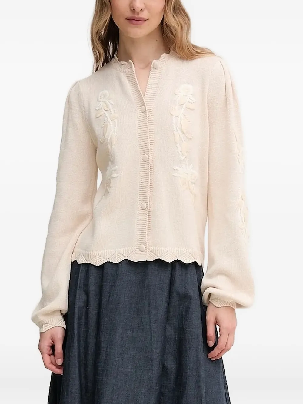 Hoss Intropia Floral-embroidered Scallop-hem Cardigan In White