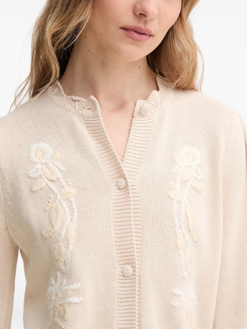 Hoss Intropia Floral-embroidered Scallop-hem Cardigan In White
