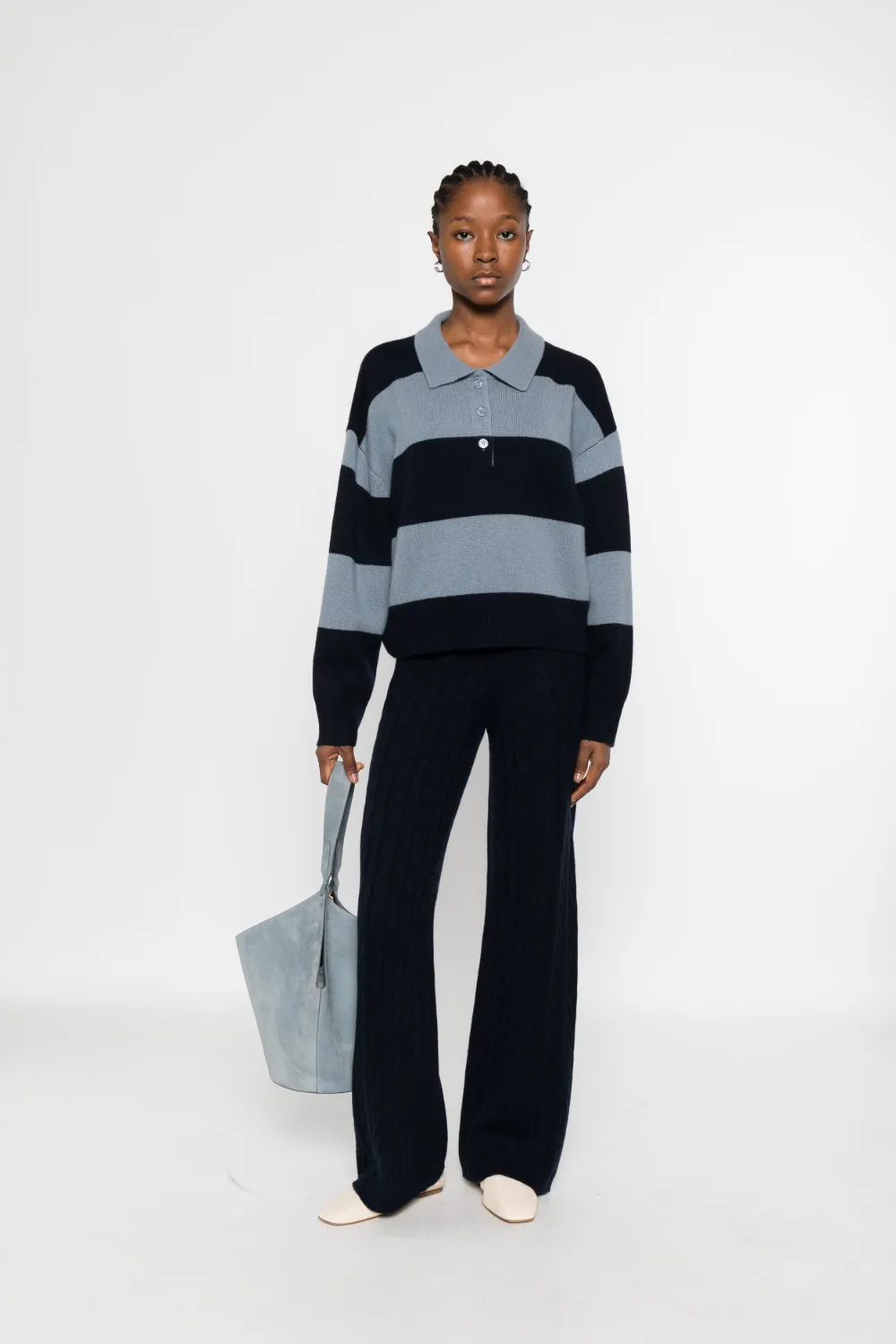 Soft Goat Striped Polo-neck Sweater In Blue