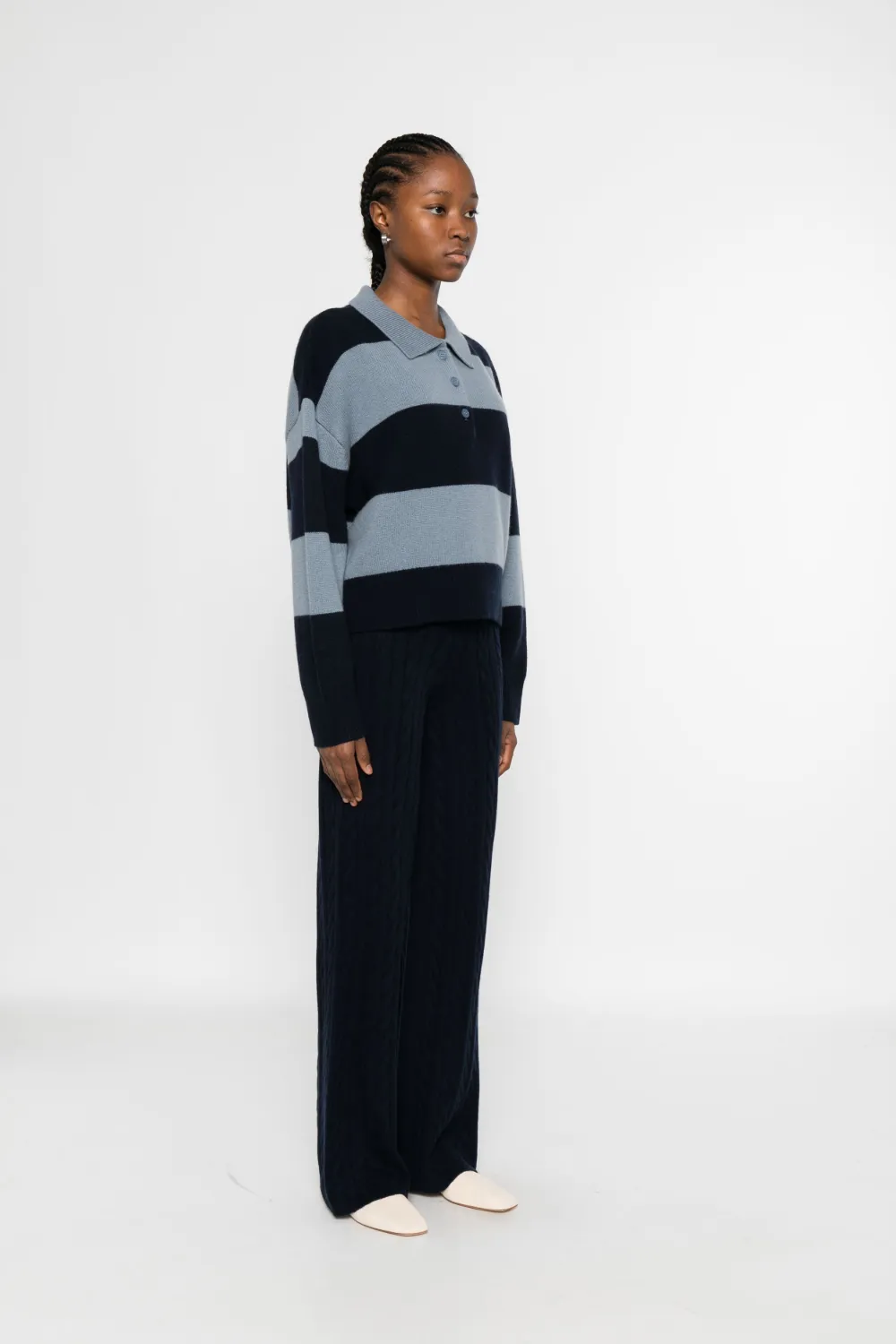 Soft Goat Striped Polo-neck Sweater In Blue