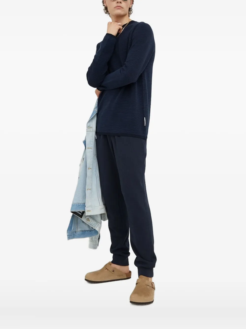 Marc O'polo Textured-knit Crew-neck Sweater In Blue