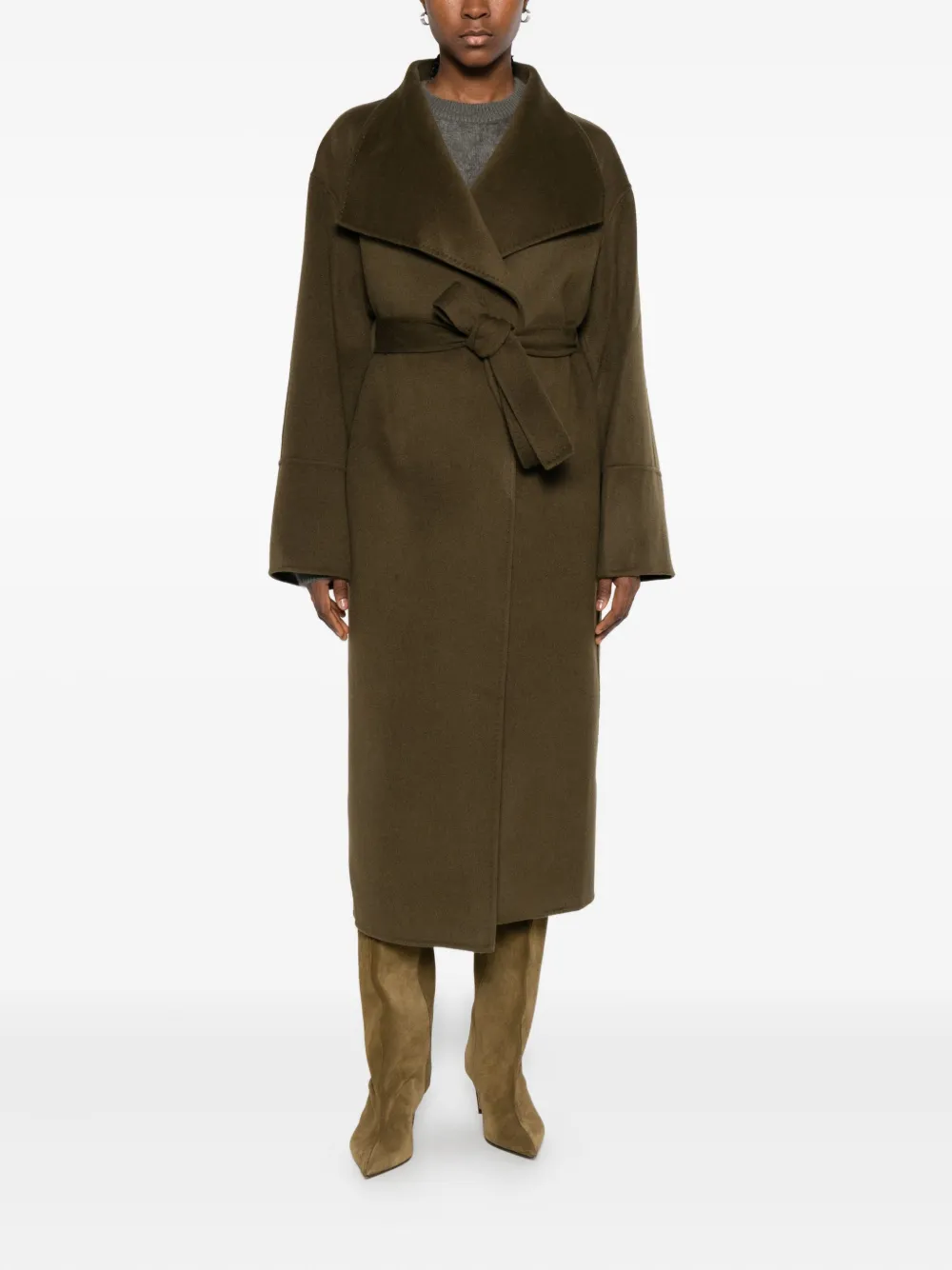 Soft Goat Wide Lapels Belted Coat In Brown