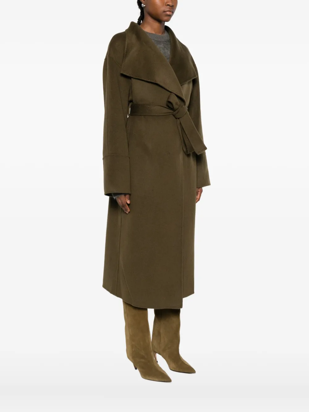 Soft Goat Wide Lapels Belted Coat In Brown