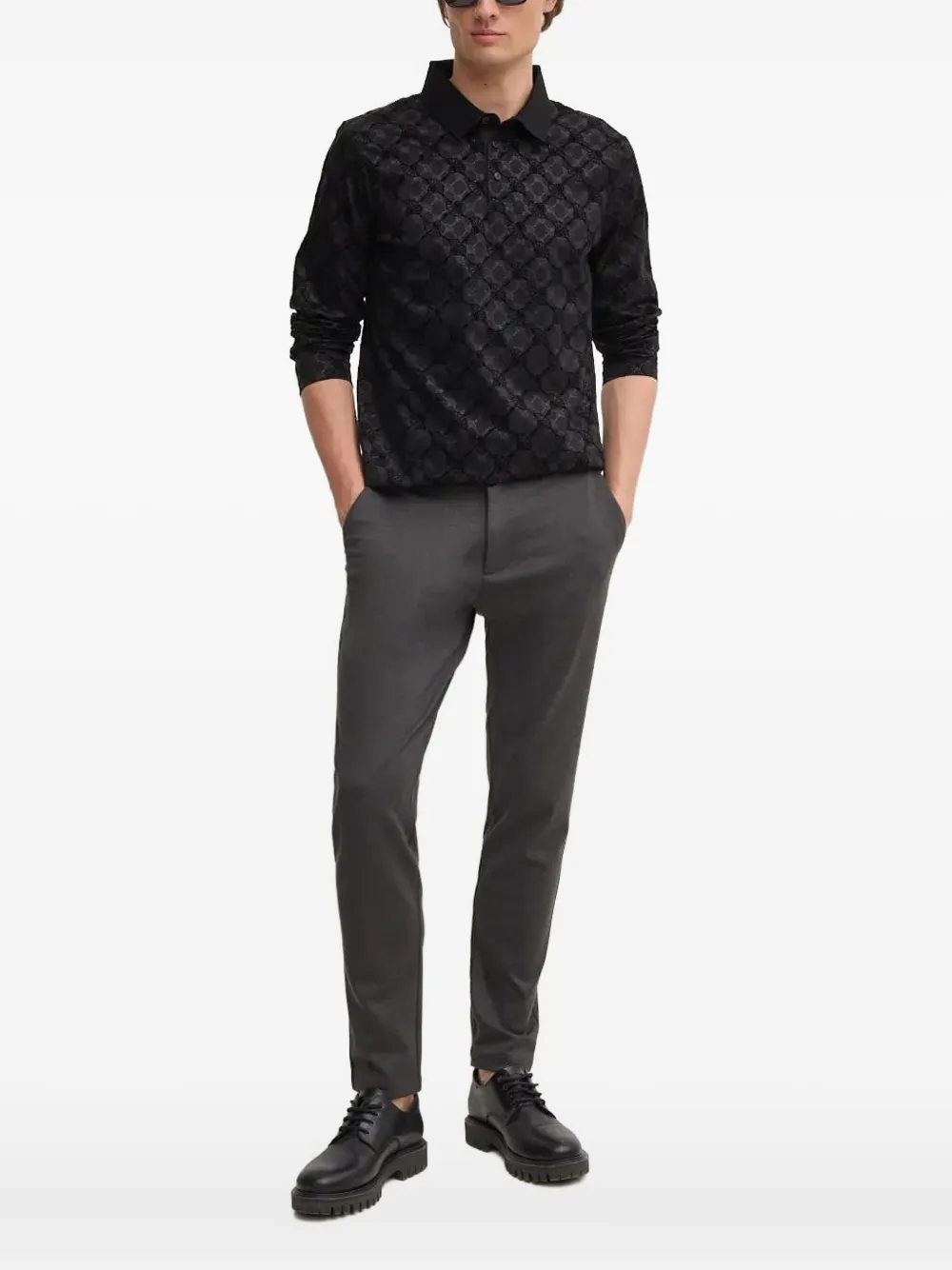 Joop Long-sleeve Patterned Polo Shirt In Black