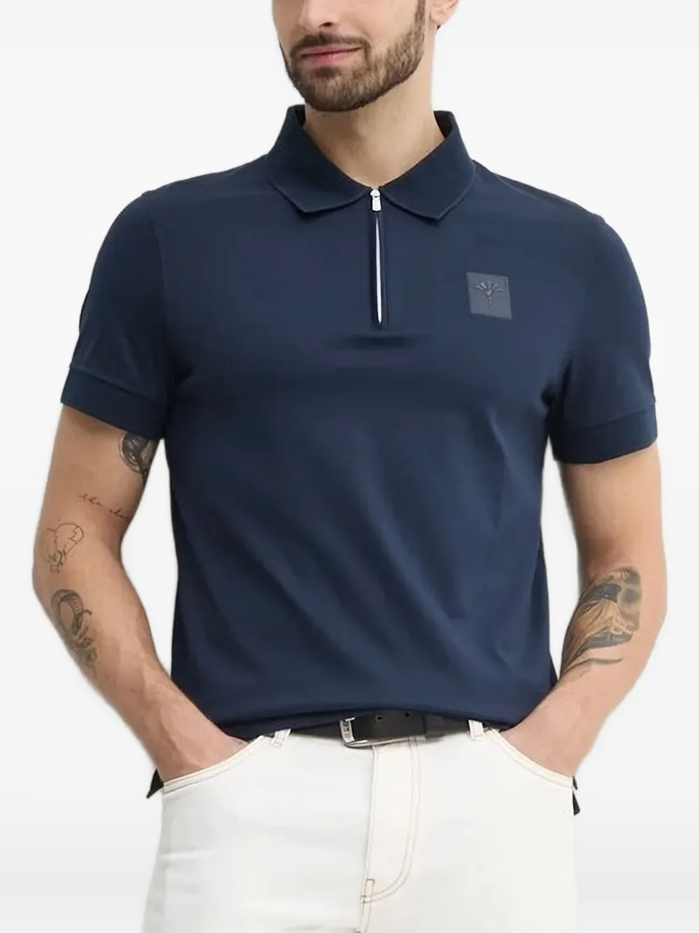 Joop! zip-neck logo-patch polo shirt | Blue | Image 1