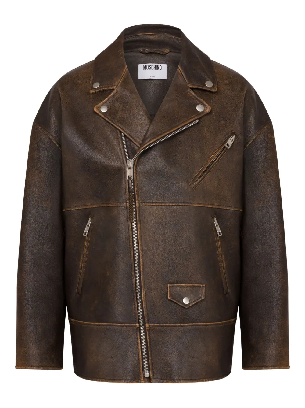 Moschino Leren jack met rits Bruin