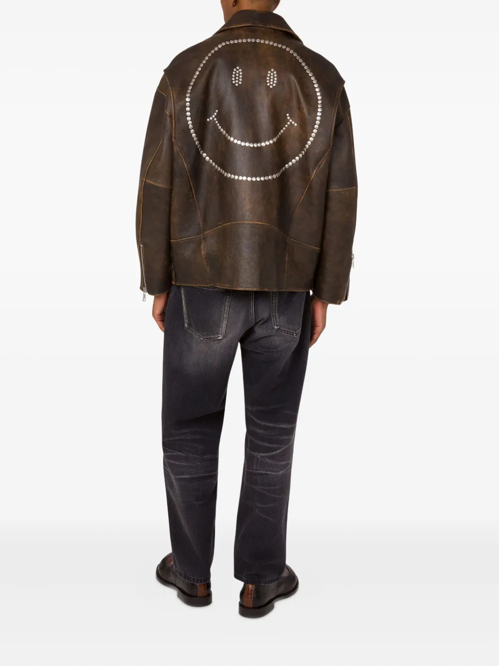 Moschino Leren jack met rits Bruin