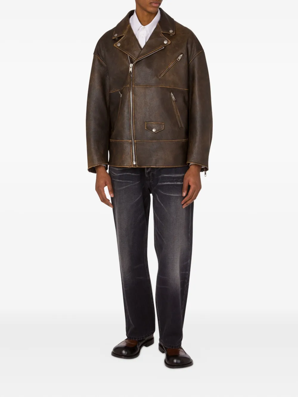 Moschino Leren jack met rits Bruin