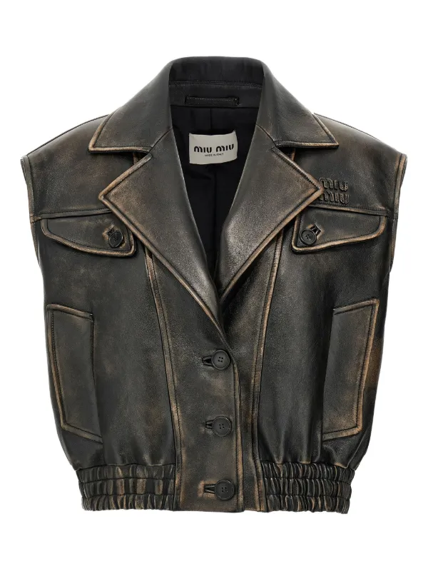 Miu Miu Leather Cropped Gilet in Brown