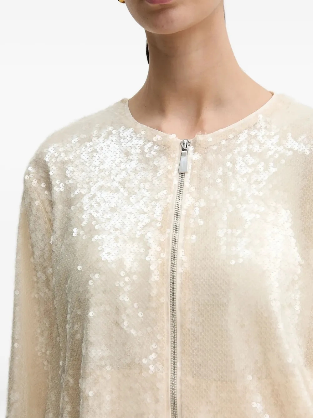 Sisley Paris Sequin-embellished Zip-front Jacket In Neutral