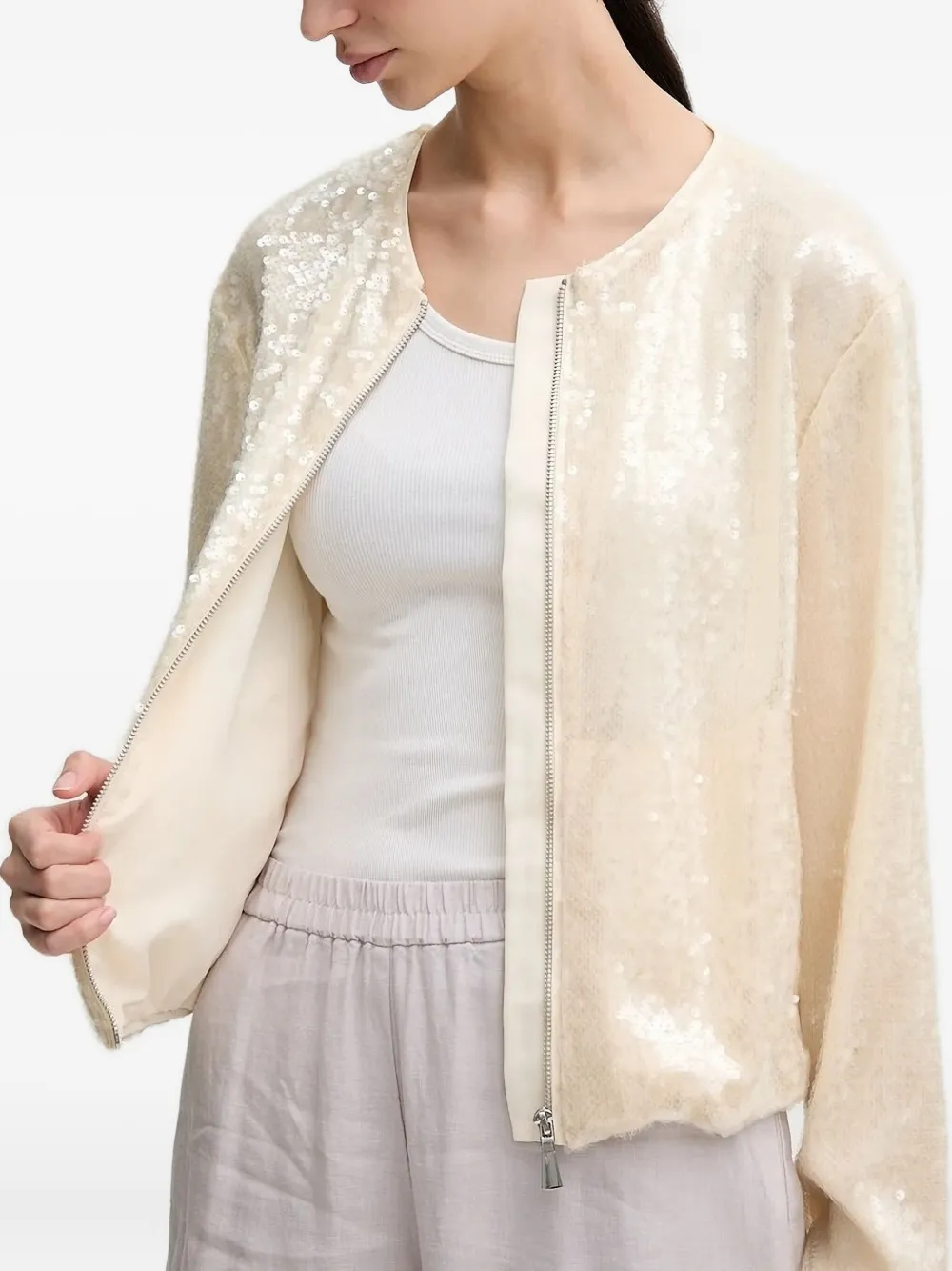 Sisley Paris Sequin-embellished Zip-front Jacket In Neutral