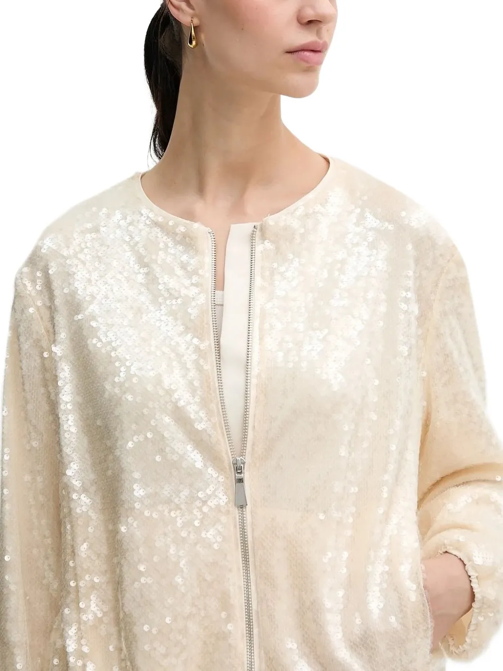 Sisley Paris Sequin-embellished Zip-front Jacket In Neutral