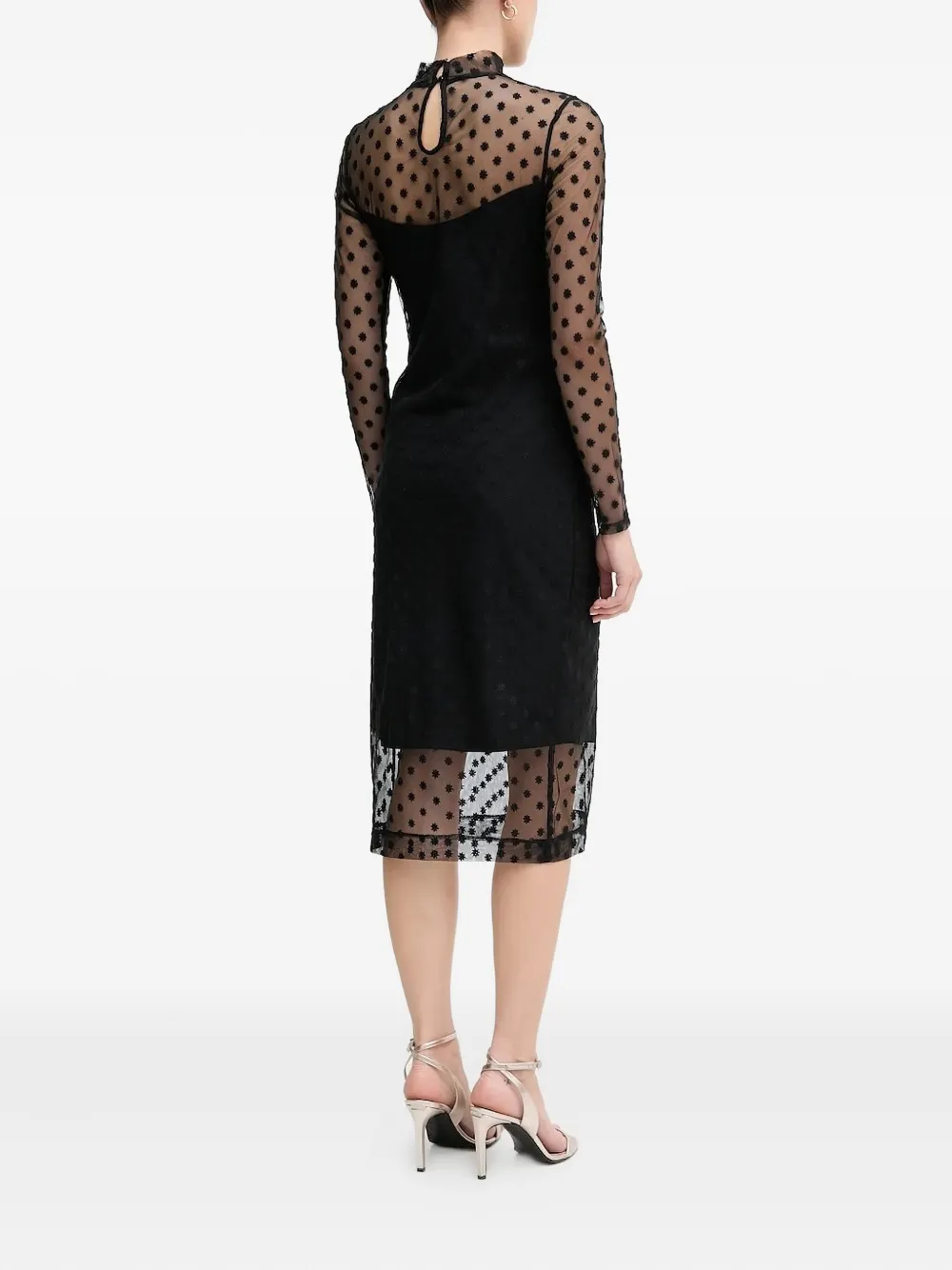Sisley Midi-jurk met hoge hals en geborduurde bloemen Zwart