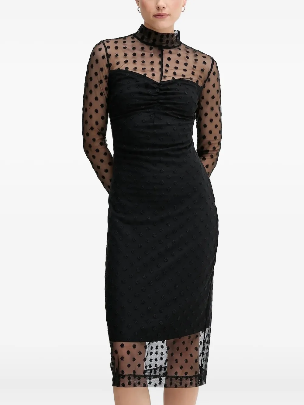 Sisley Midi-jurk met hoge hals en geborduurde bloemen Zwart