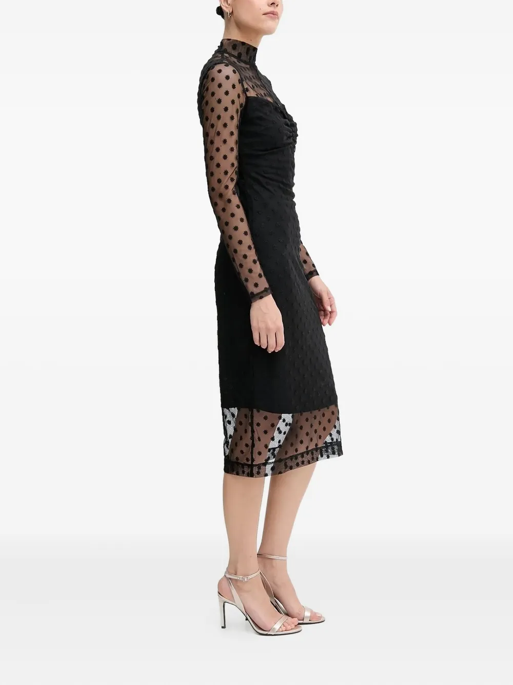 Sisley Midi-jurk met hoge hals en geborduurde bloemen - Zwart