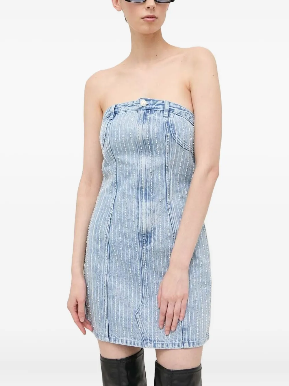 Miss Sixty pearl-embellished denim mini dress - Blauw