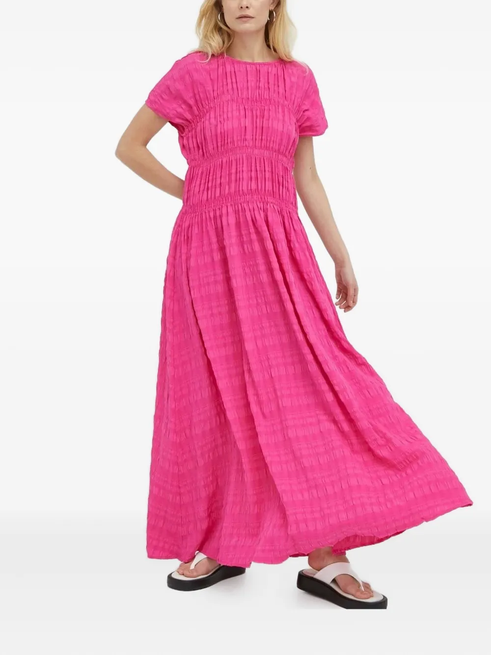 Lovechild Textured Gathered Midi Day Dress In Pink