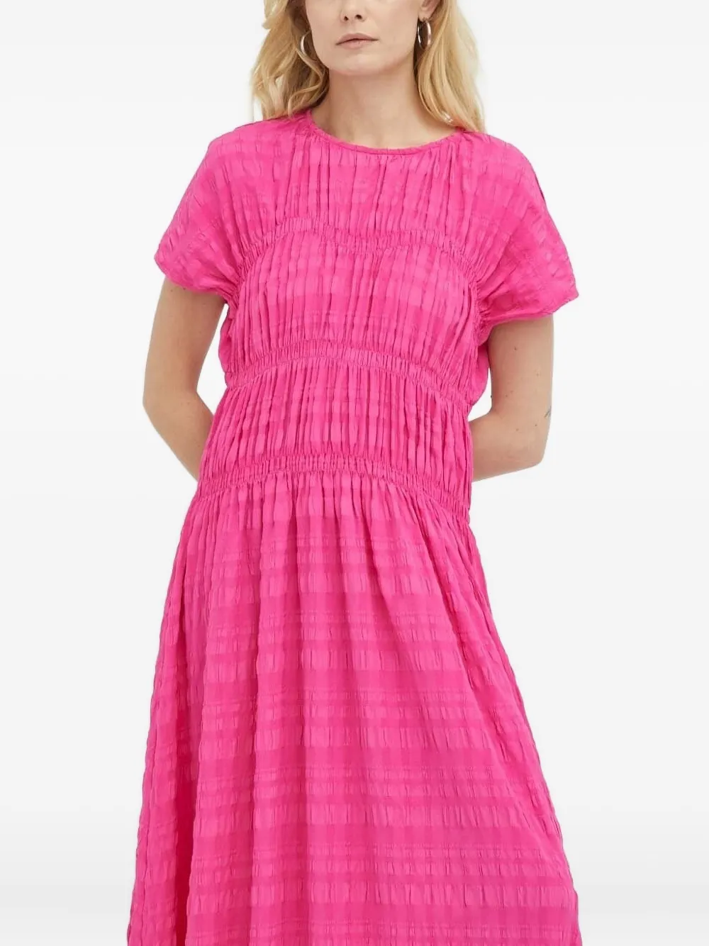 Lovechild Textured Gathered Midi Day Dress In Pink