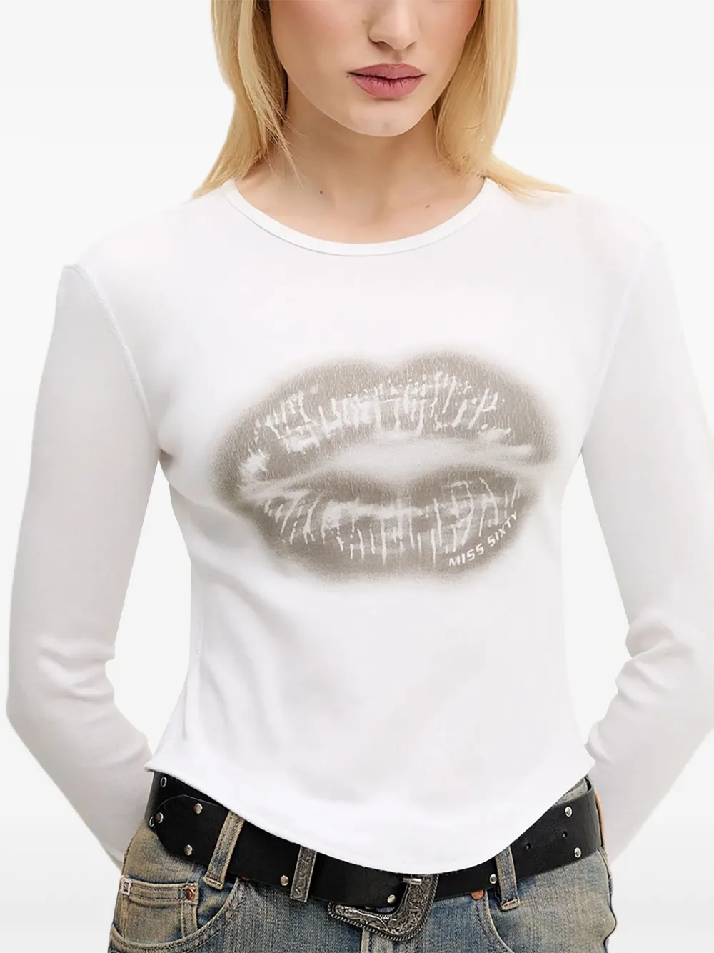 Miss Sixty Lip-print Crew-neck Top In Blue