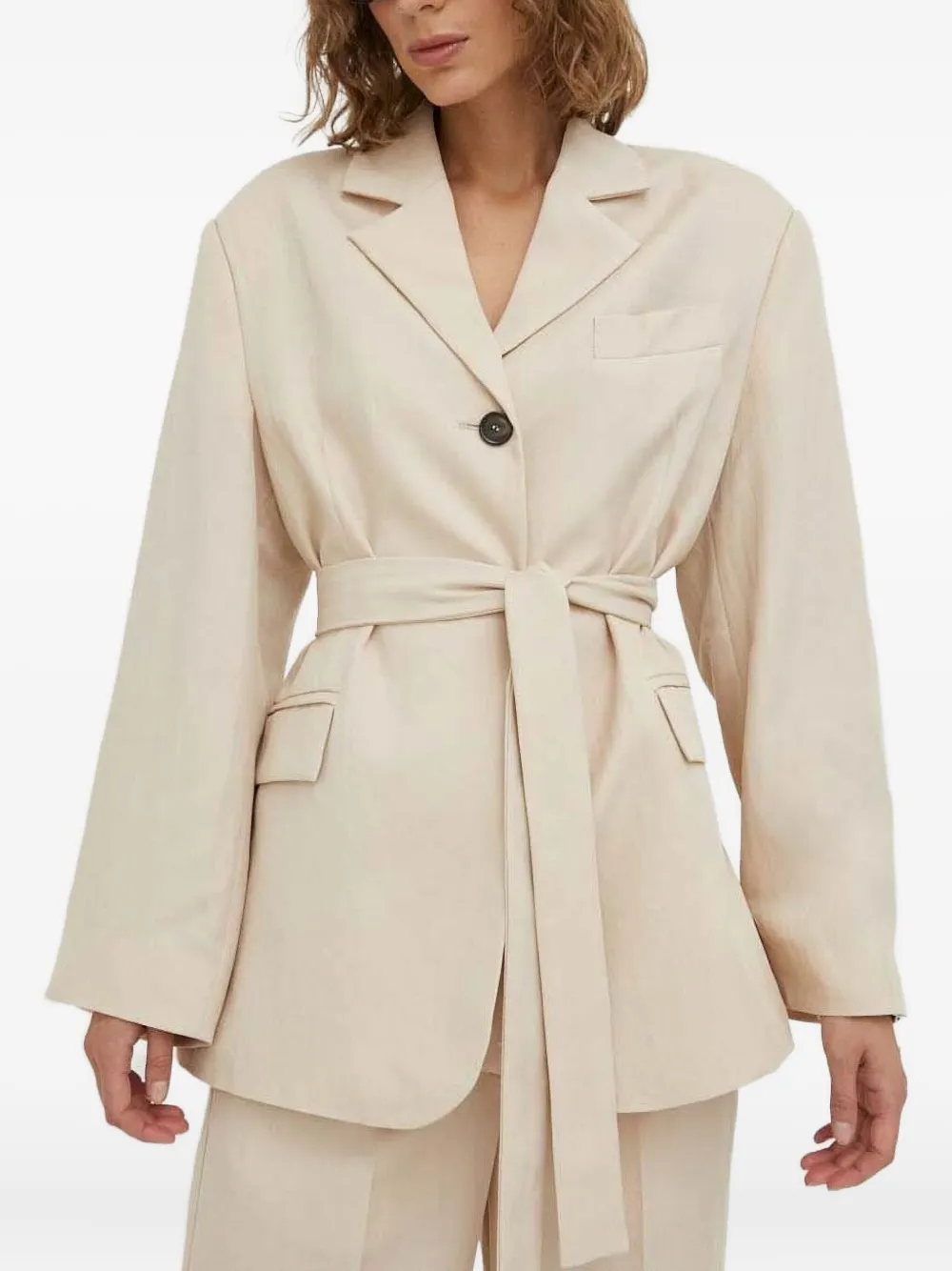 Lovechild Belted Notched-lapel Blazer In Neutral