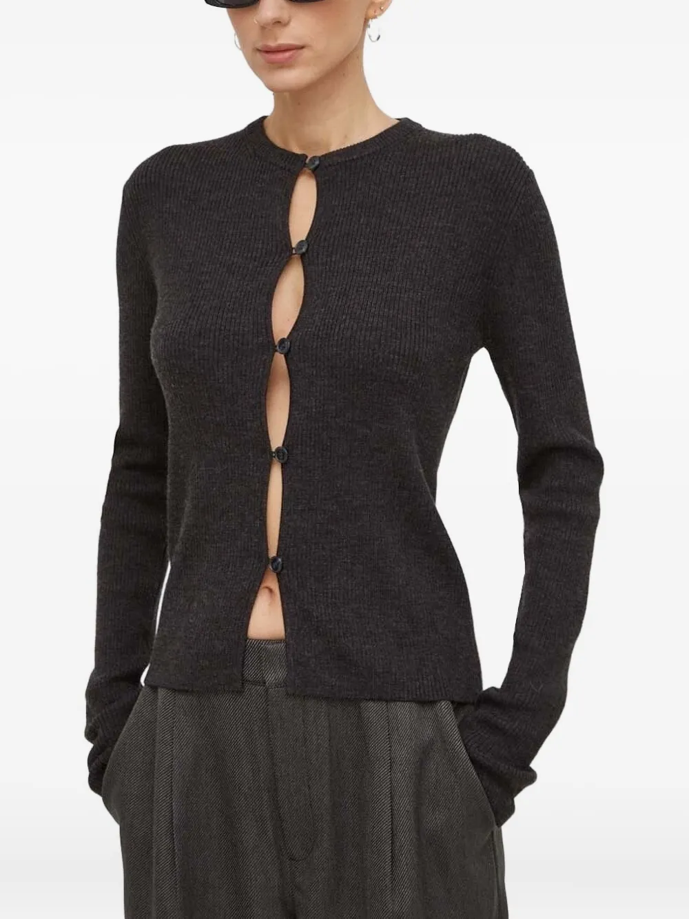 Lovechild Ribbed Button Cardigan In Black