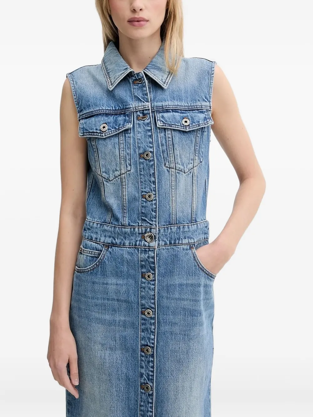 Miss Sixty Sleeveless Button-front Denim Midi Dress In Blue