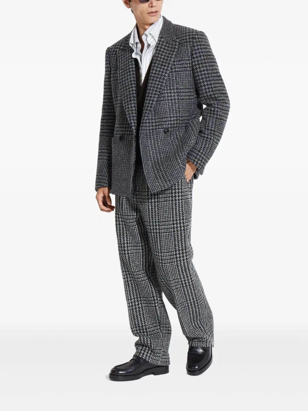 Zegna Houndstooth Double-breasted Blazer In Gray
