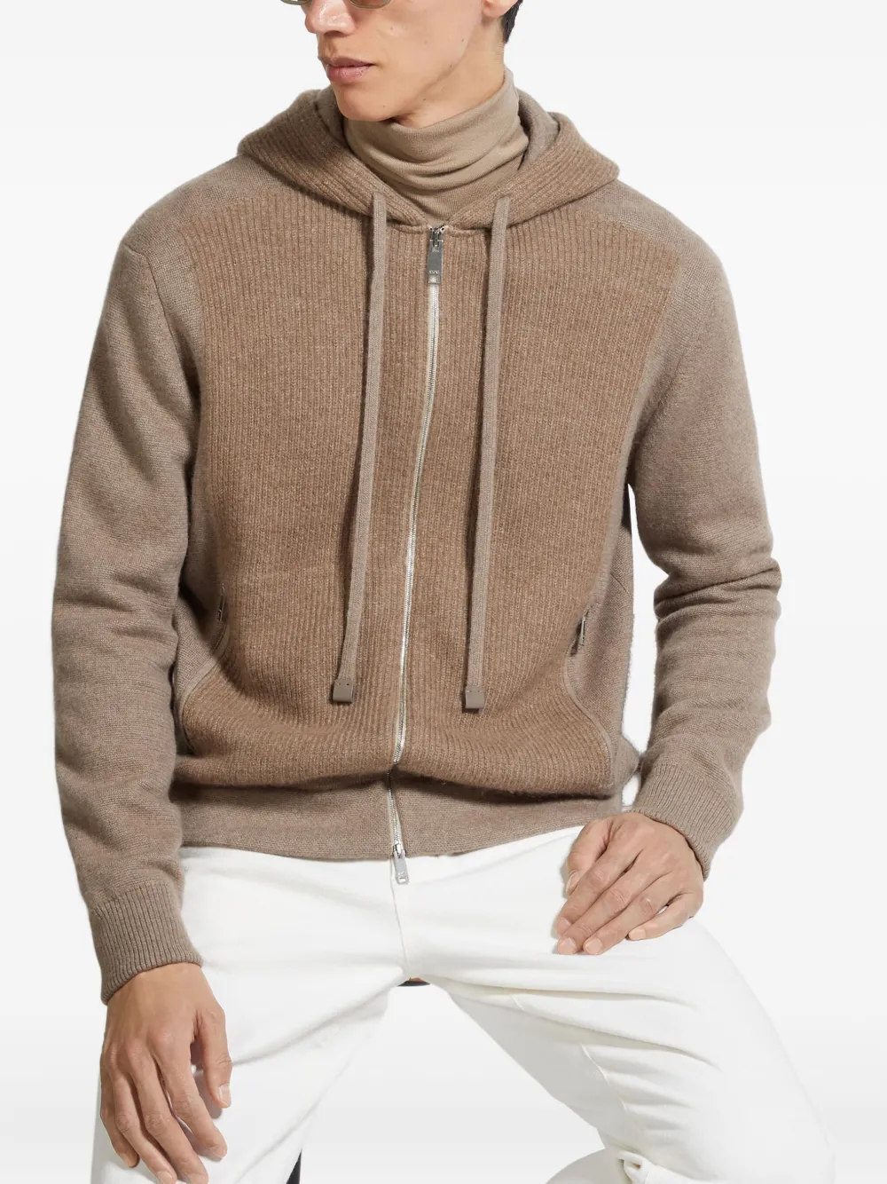 Zegna Hoodie met geribbeld vlak en rits Bruin