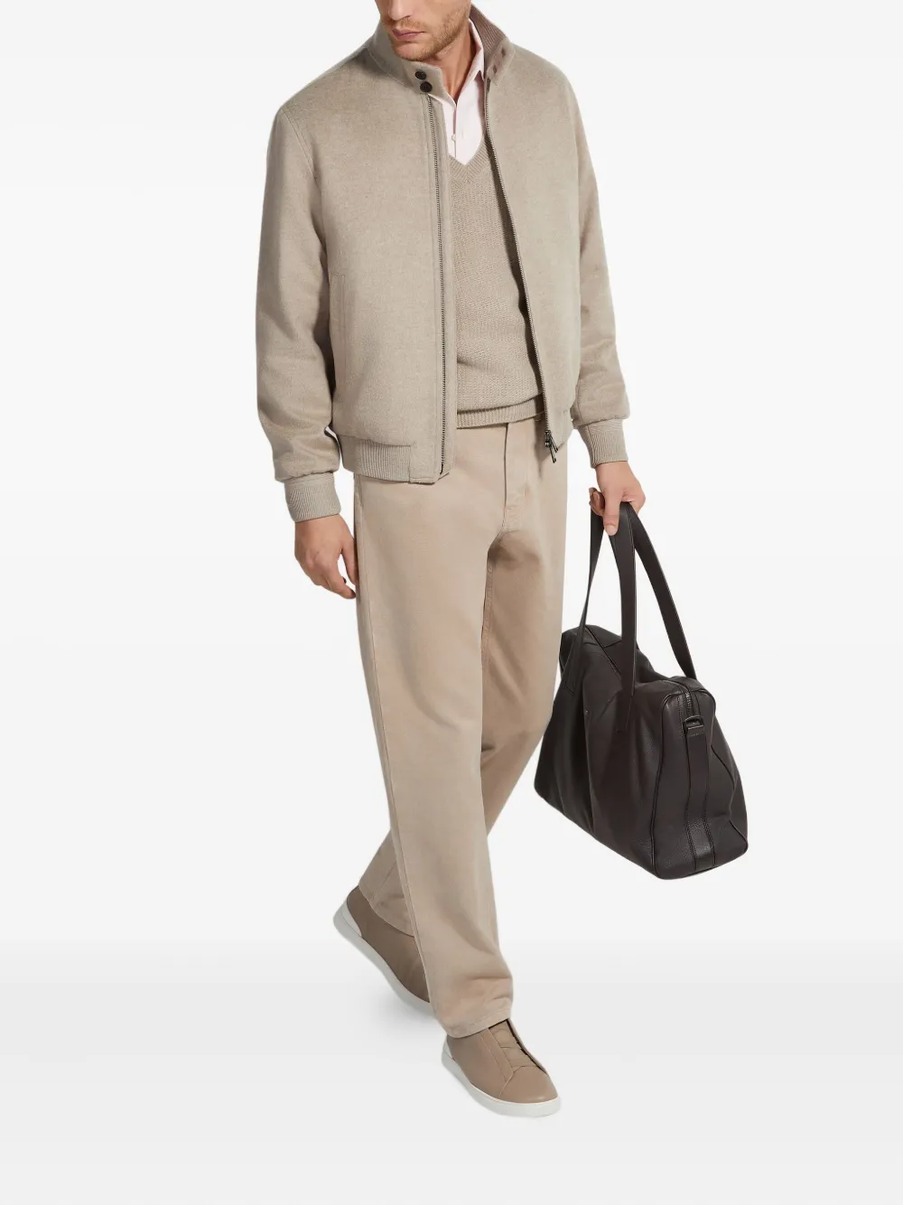 Zegna Cashmere Zip-fastening Bomber Jacket In Neutral