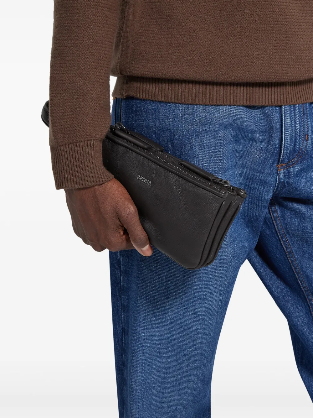 Zegna Triple Zip Pouch In Brown