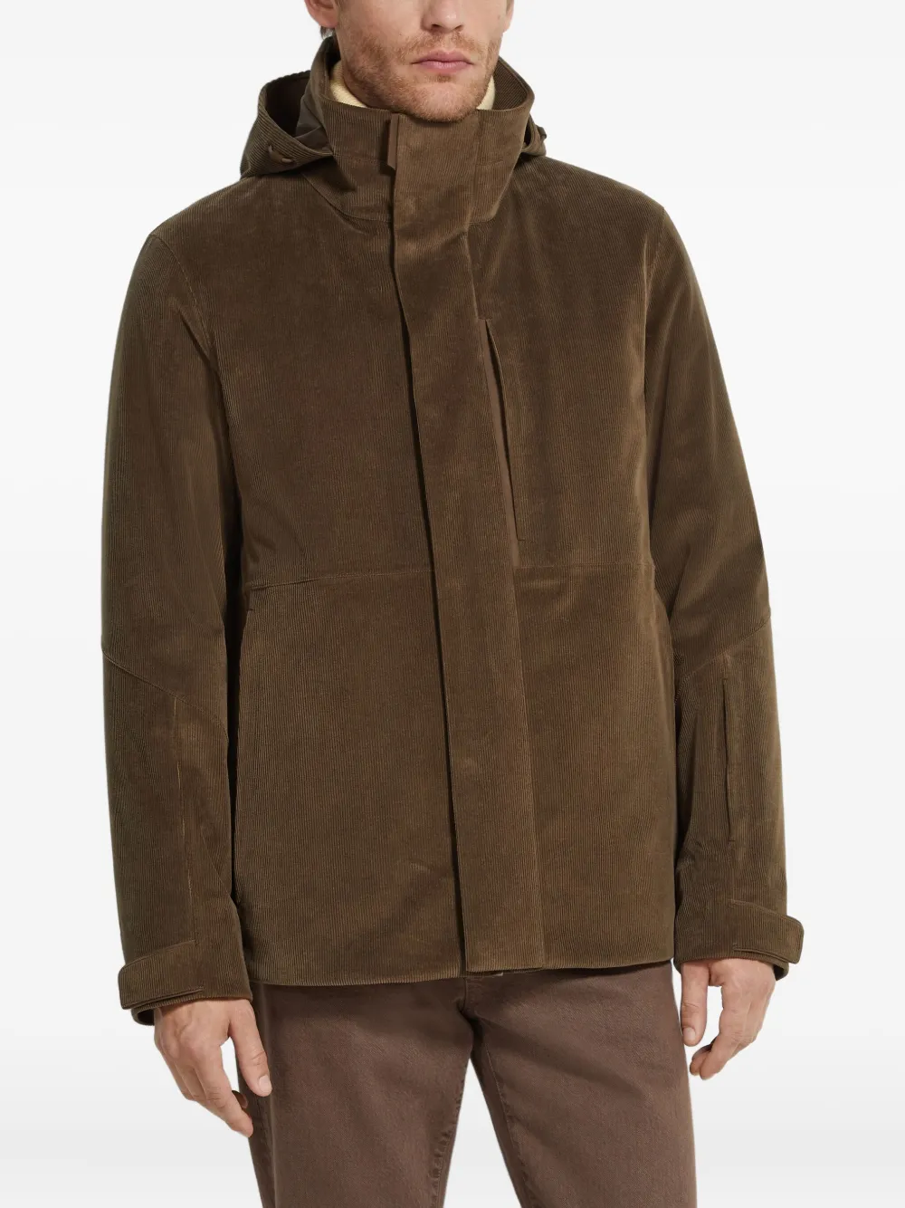 Zegna Cashco ribfluwelen jack met capuchon Bruin