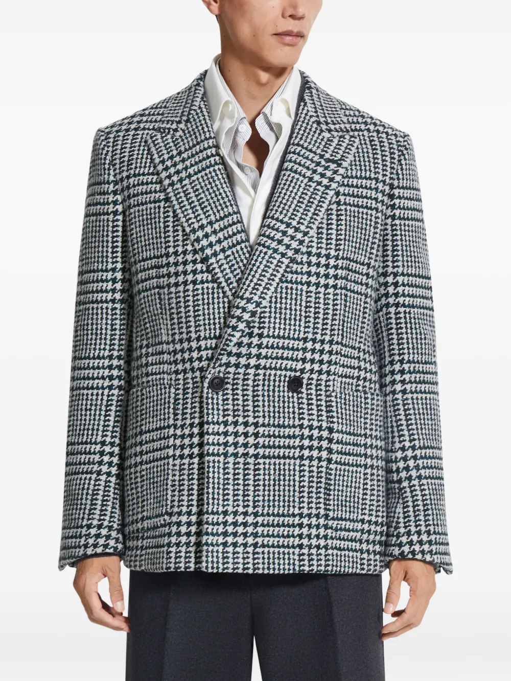Zegna Houndstooth Double-breasted Blazer In Green