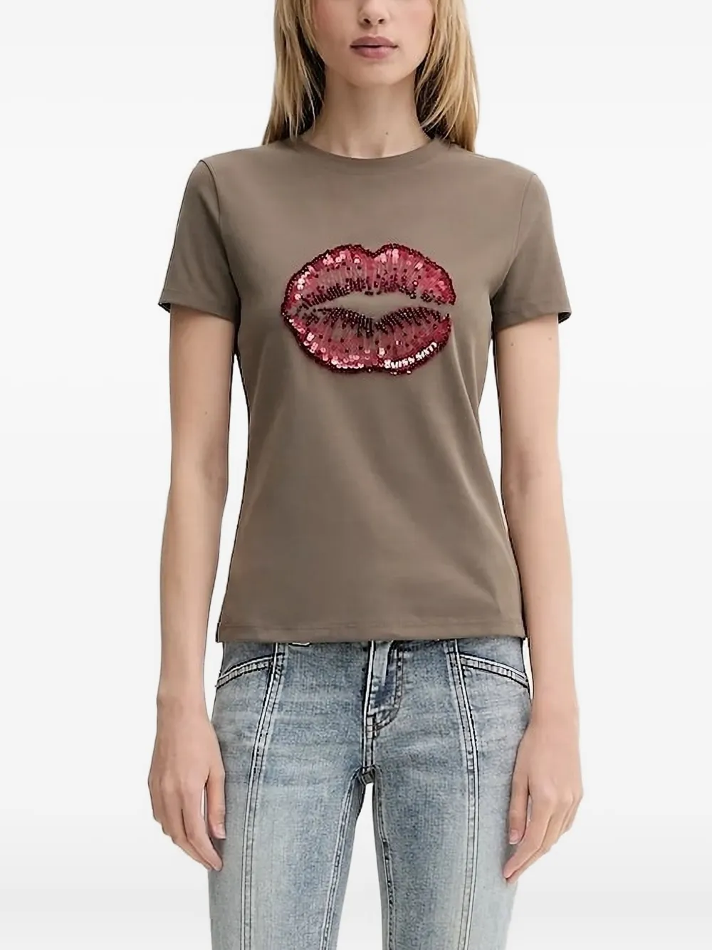 Miss Sixty Sequinned-lip T-shirt In Gray