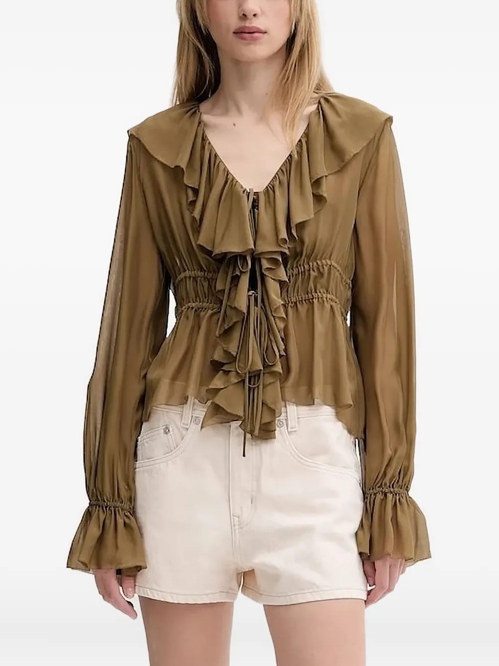 Miss Sixty Ruffled Drawstring Top In Brown