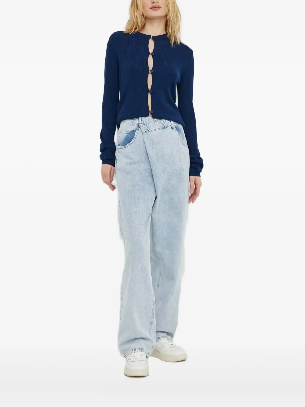 Lovechild Ribbed Button Cardigan In Blue