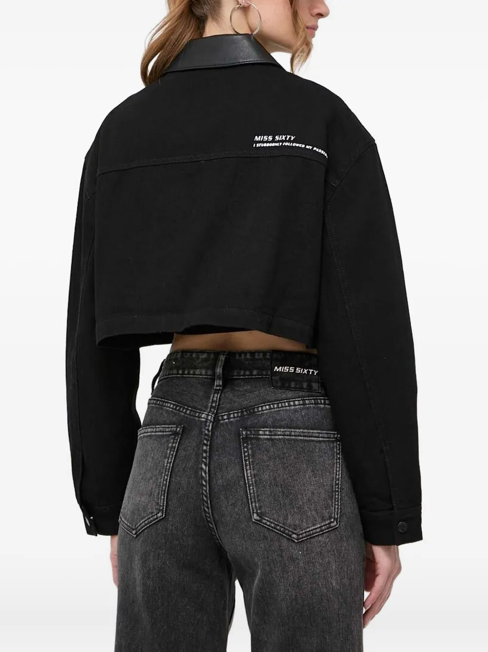 Miss Sixty Cropped Trimmed-collar Denim Jacket In Black