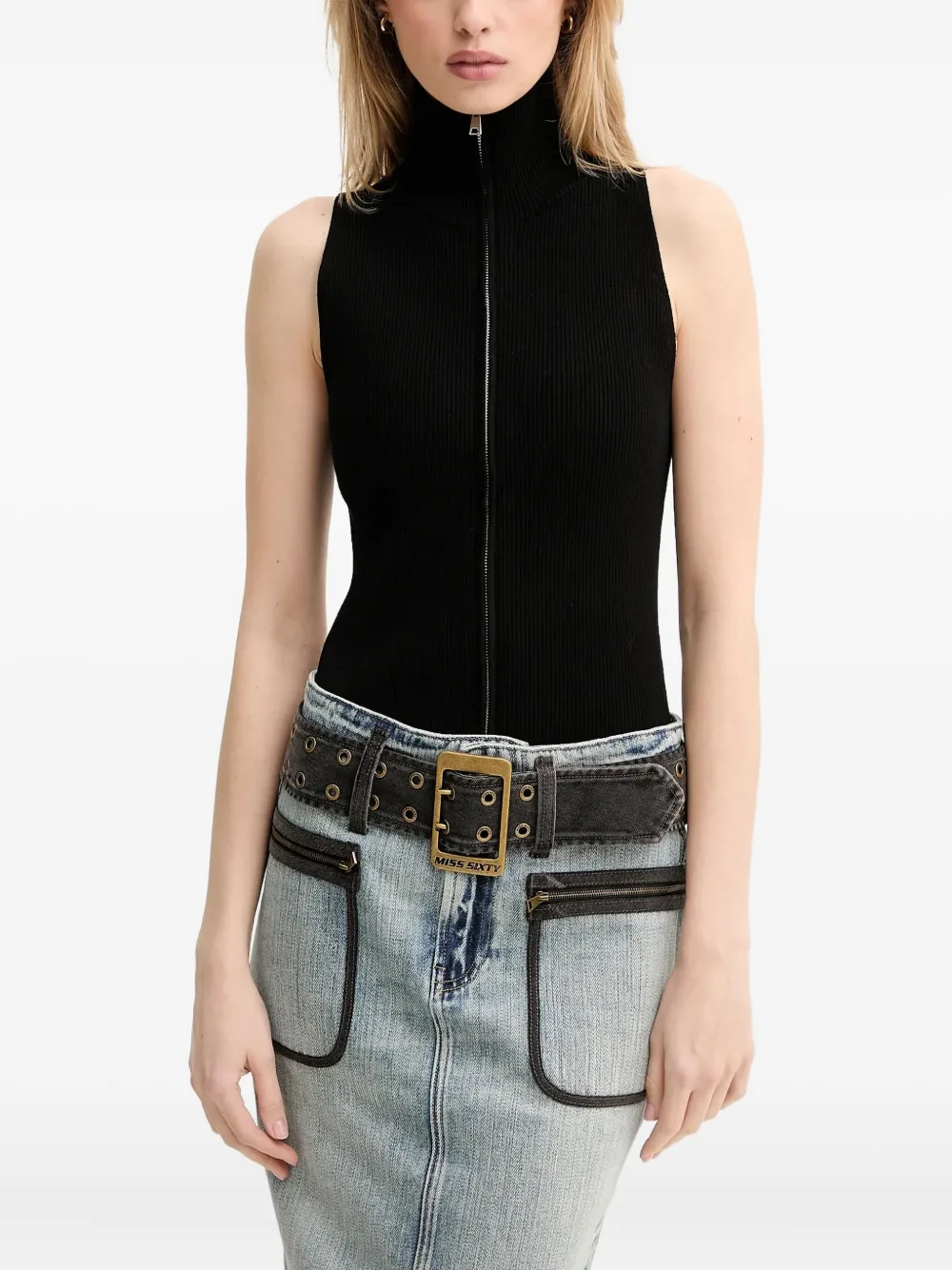 Miss Sixty Zip High-neck Knitted Top In Black