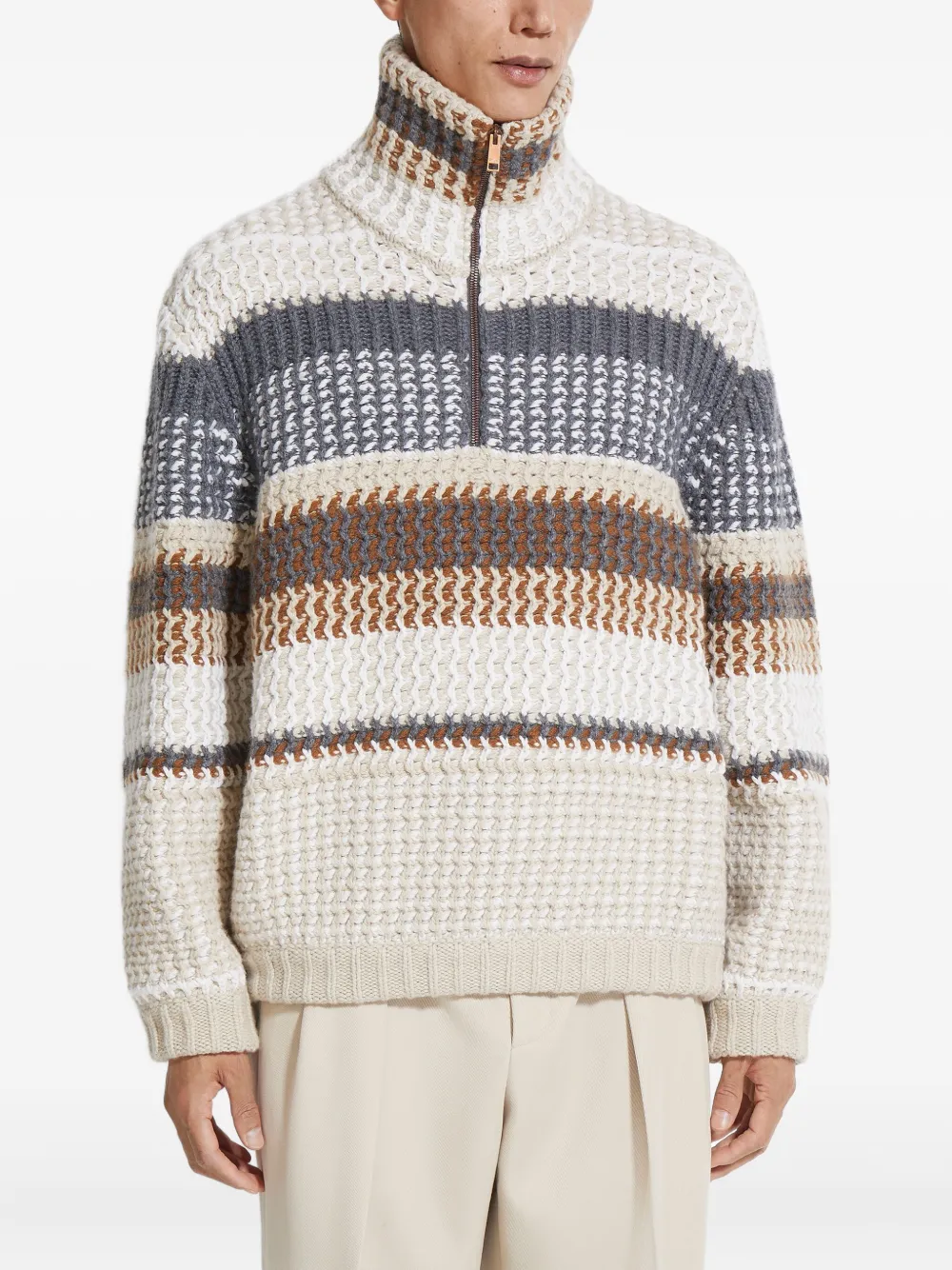 Zegna Oasi gestreepte trui met hoge hals - Beige