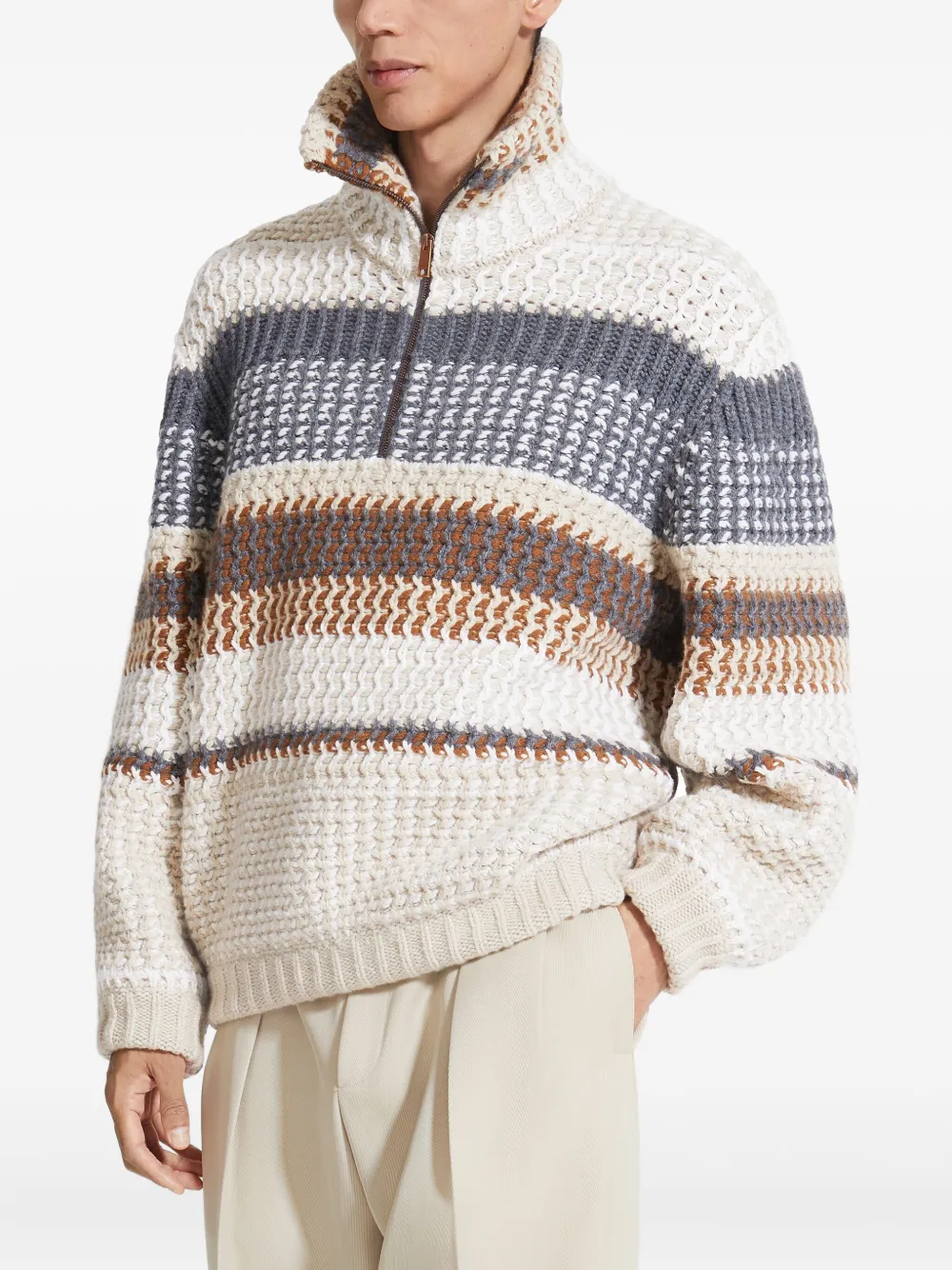 Zegna Oasi gestreepte trui met hoge hals Beige