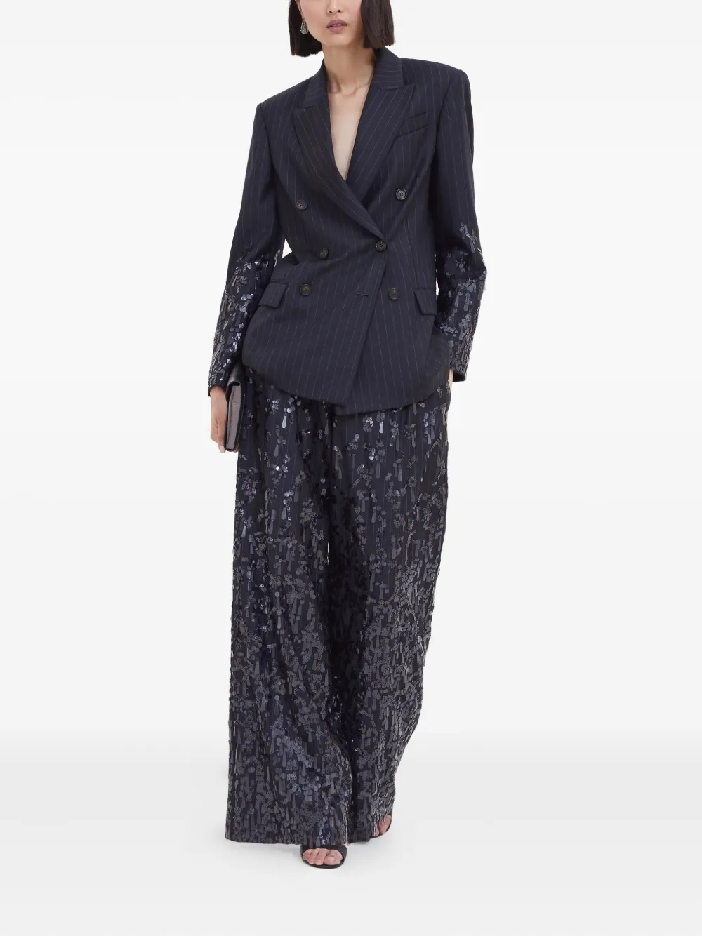 Brunello Cucinelli Blazer verfraaid met pailletten en krijtstreep Grijs