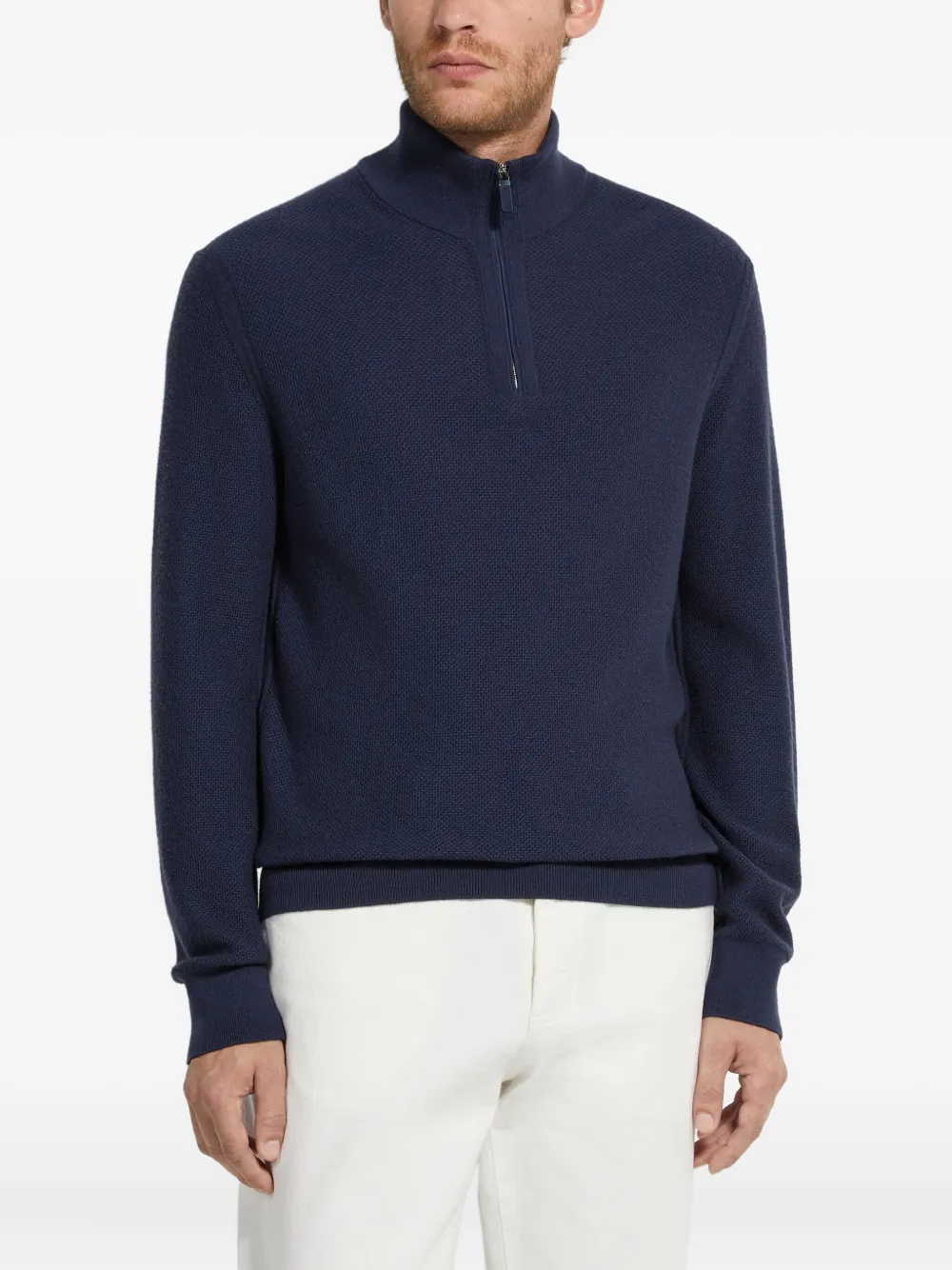 Zegna Mock-neck Half-zip Cashmere Sweater In Blue