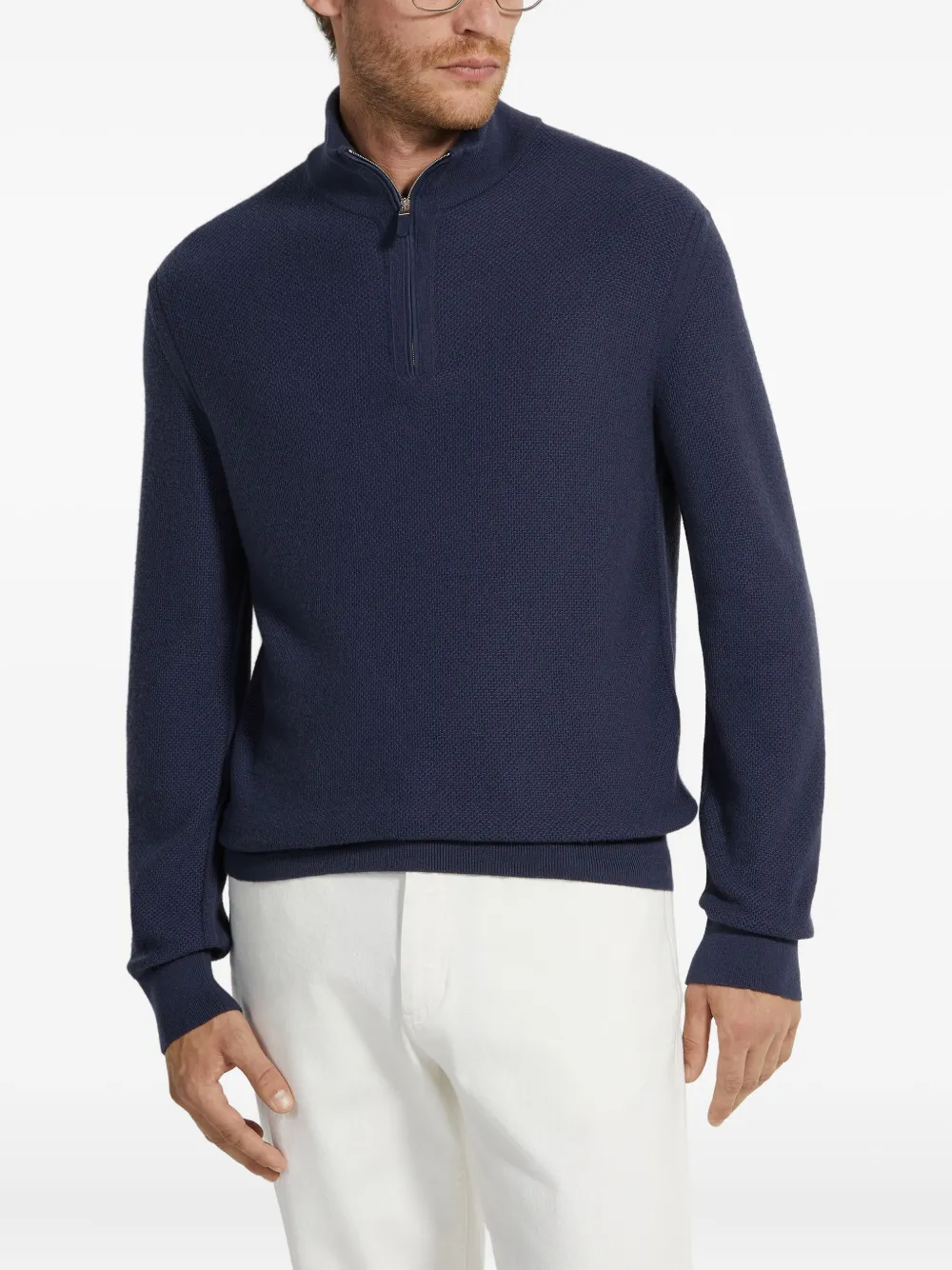 Zegna Mock-neck Half-zip Cashmere Sweater In Blue