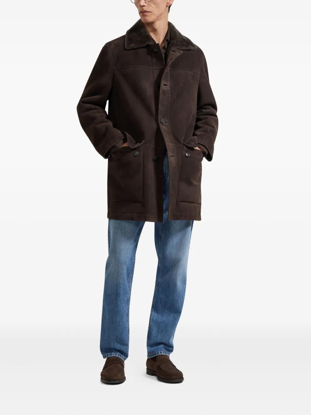 Zegna Suède jas met lammy kraag - Bruin