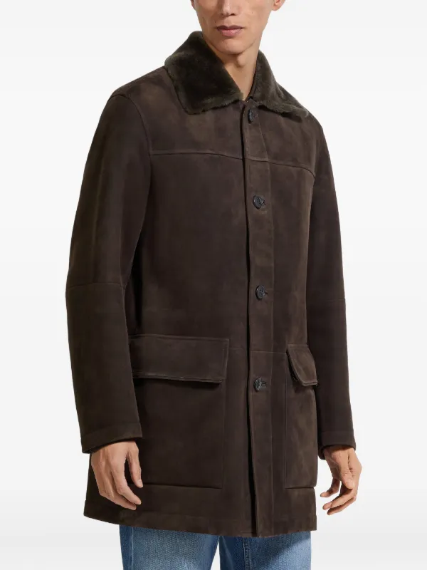 Zegna shearling-collar Suede Coat | Brown | FARFETCH