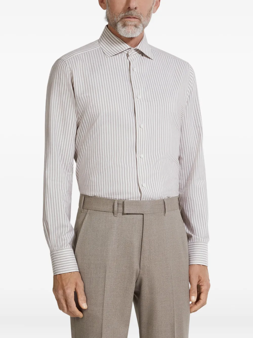Zegna Brown And White Striped Silk And Cotton Blend Shirt In Gray