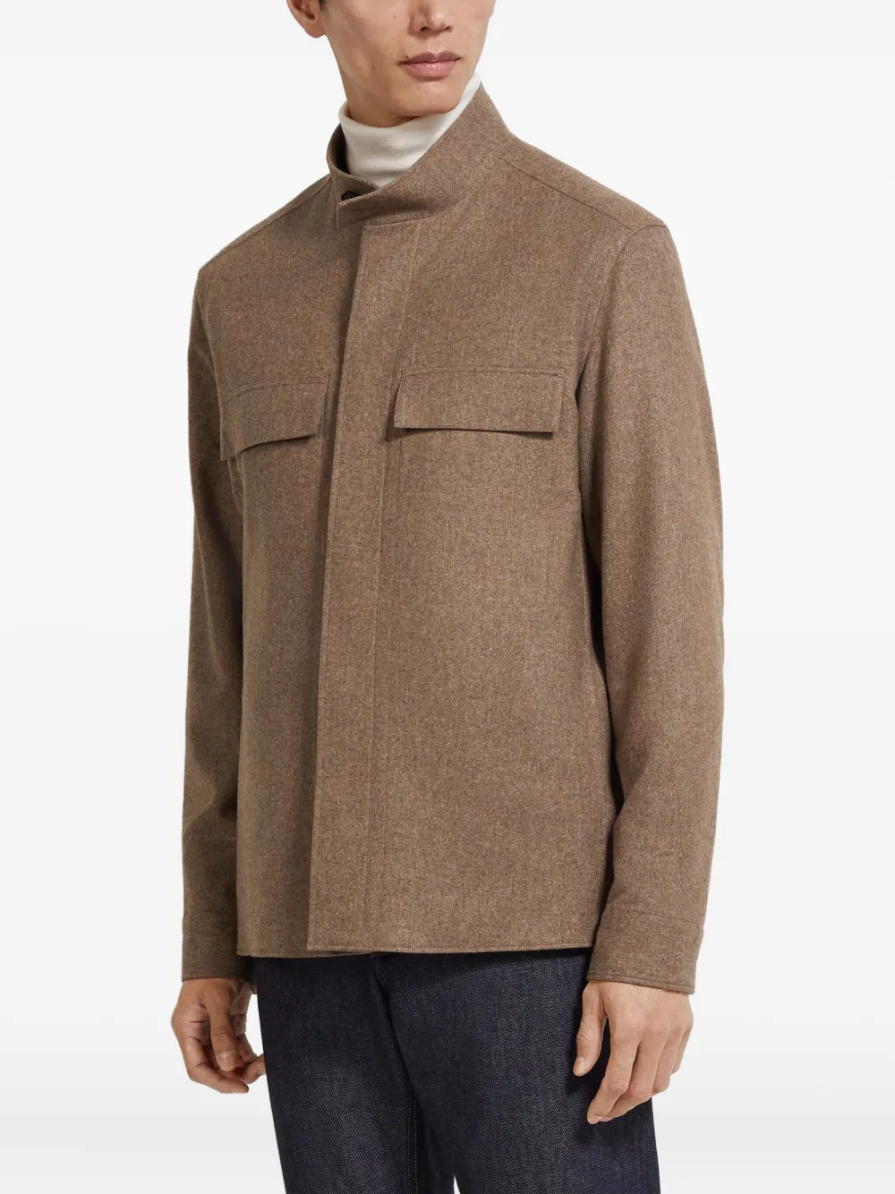 Zegna Oasi Cashmere Mock-neck Jacket In Brown