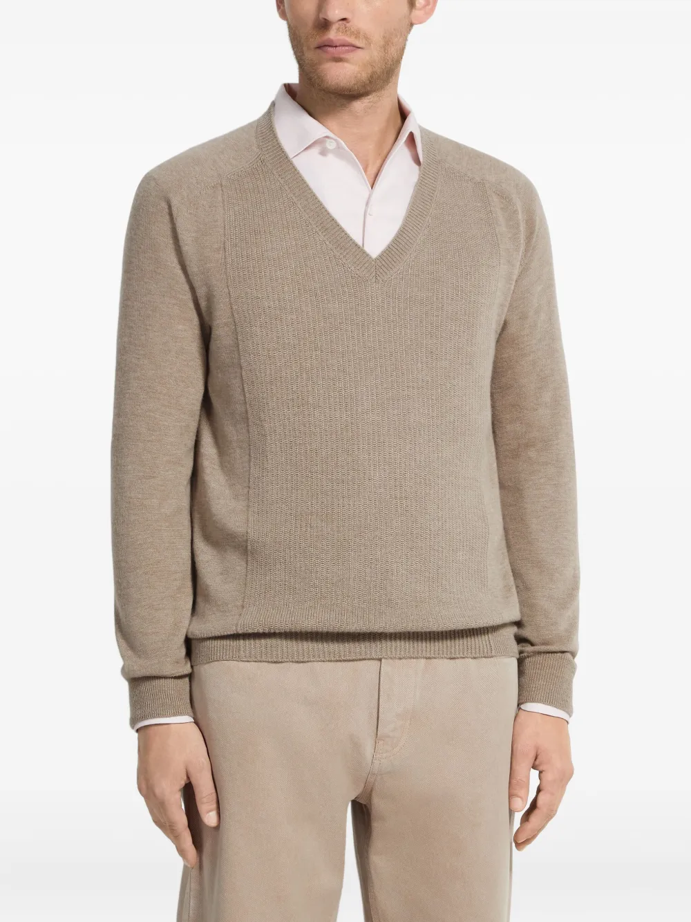 Zegna Oasi V-neck Ribbed Cashmere Sweater In Neutral