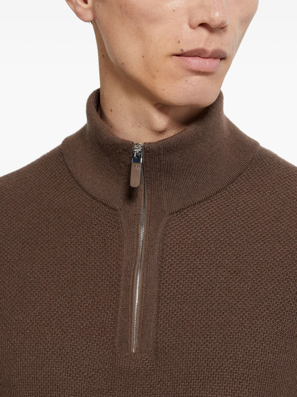 Zegna Oasi Cashmere Jacquard Quarter Zip Sweater In Brown