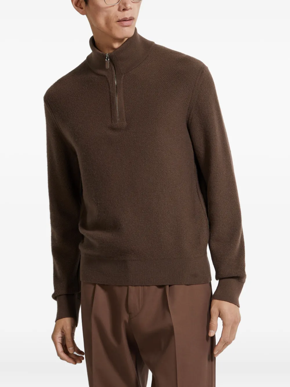 Zegna Oasi Cashmere Jacquard Quarter Zip Sweater In Brown