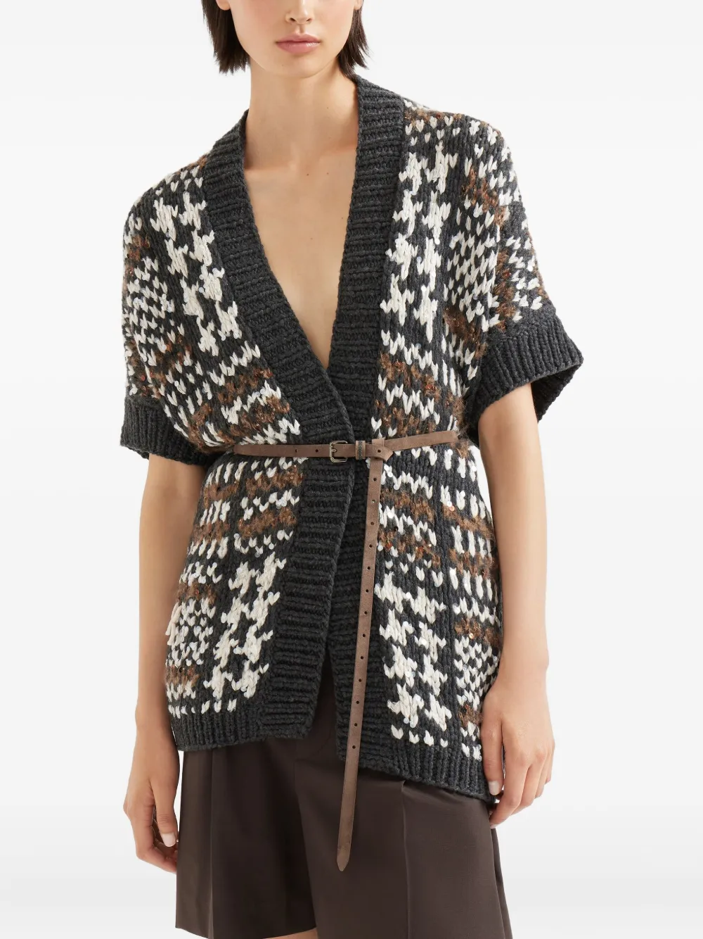 Brunello Cucinelli Vest met pied-de-poule print en korte mouwen Zwart